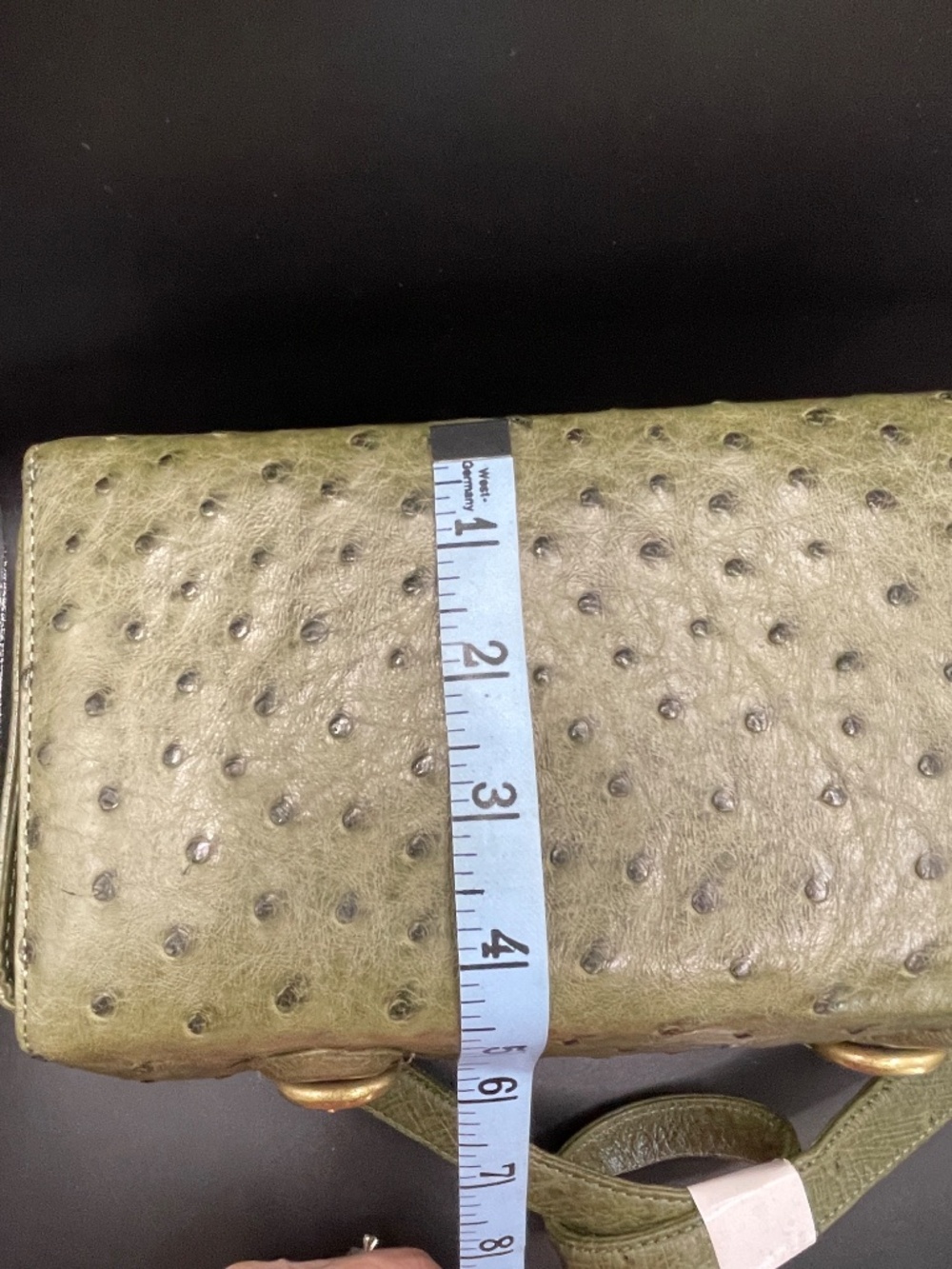 Vintage SMK Faux Ostrich Leather Olive Green Box Purse Handbag Cosmetic Case - Picture 9 of 15